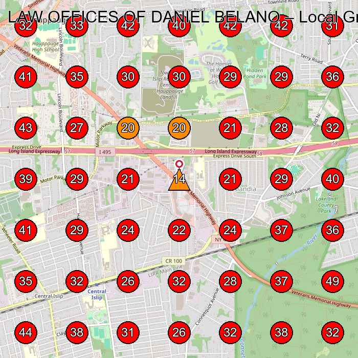 LAW OFFICES OF DANIEL BELANO GeoGrid visibility map for Personal Injury Attorney in Islandia